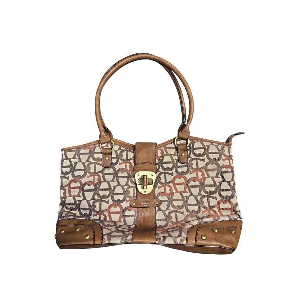 Etienne Aigner Tote Womens Large Brown Canvas Leather Zip Shoulder Bag